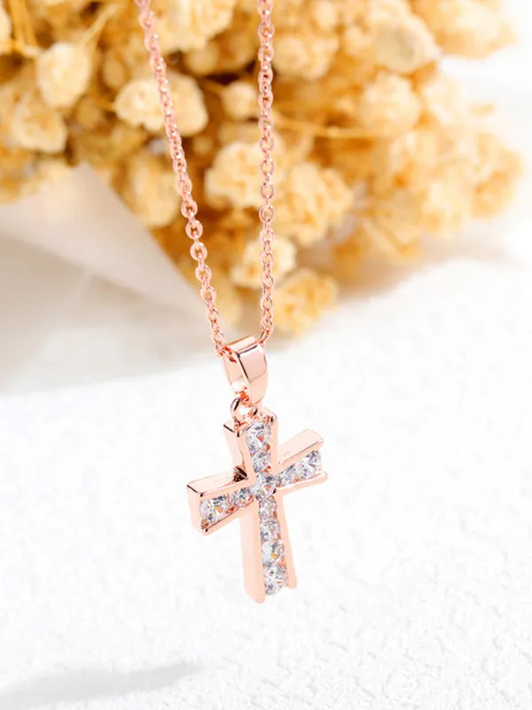 Copper Plated Gold Jewelry Women's Rose Gold And Diamond Cross Necklace