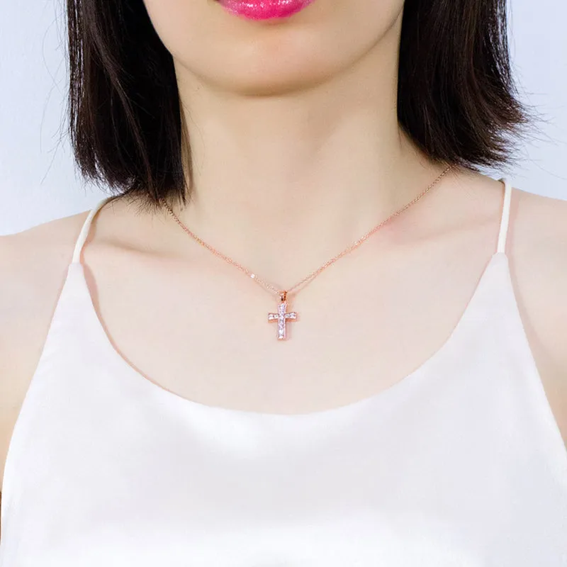 Copper Plated Gold Jewelry Women's Rose Gold And Diamond Cross Necklace