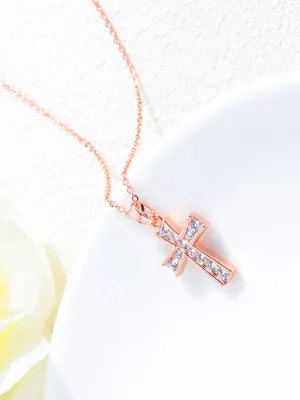 Copper Plated Gold Jewelry Women's Rose Gold And Diamond Cross Necklace