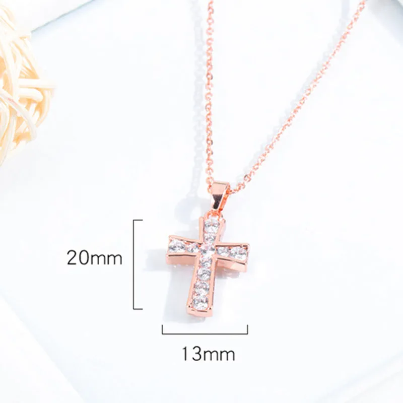 Copper Plated Gold Jewelry Women's Rose Gold And Diamond Cross Necklace