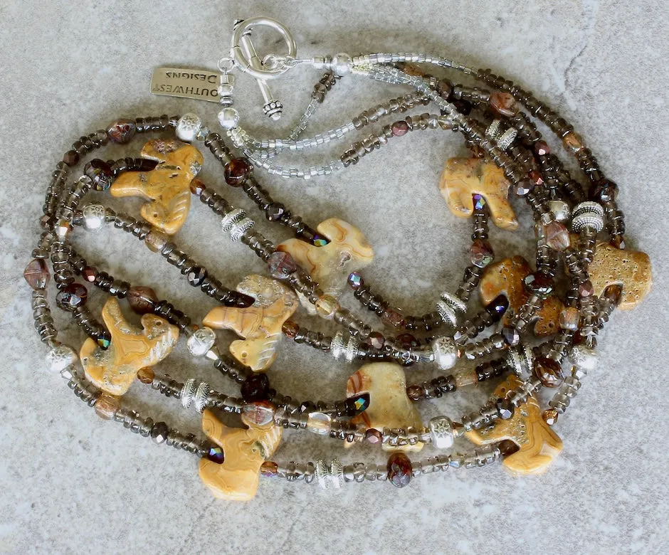 Crazy Lace Agate Horse Amulet Necklace with 3 Strands of Smoky Quartz Tyre Bead, Czech Glass and Sterling Silver