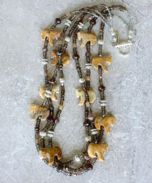 Crazy Lace Agate Horse Amulet Necklace with 3 Strands of Smoky Quartz Tyre Bead, Czech Glass and Sterling Silver