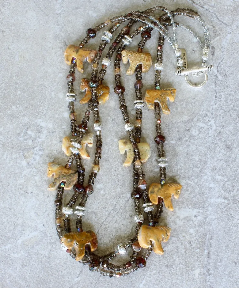 Crazy Lace Agate Horse Amulet Necklace with 3 Strands of Smoky Quartz Tyre Bead, Czech Glass and Sterling Silver