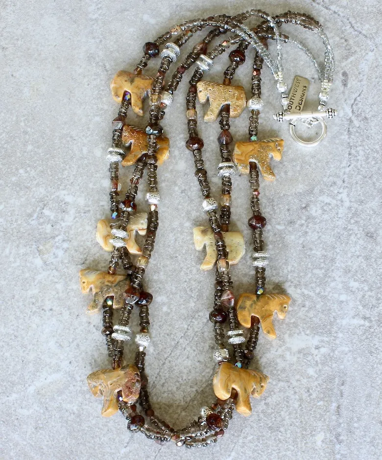 Crazy Lace Agate Horse Amulet Necklace with 3 Strands of Smoky Quartz Tyre Bead, Czech Glass and Sterling Silver
