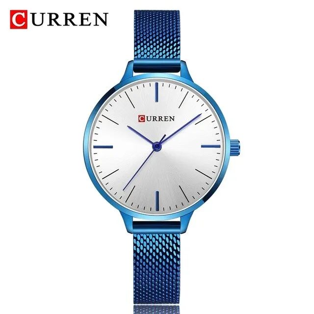 CURREN New Women Watches Fashion Blue Mesh Strap Analog Quartz Watch Womons Casual Ladies Clock Waterproof  Wristwatch
