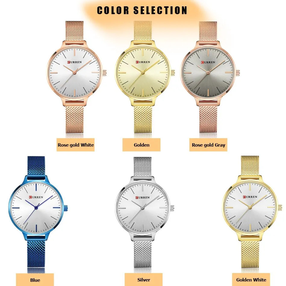 CURREN New Women Watches Fashion Blue Mesh Strap Analog Quartz Watch Womons Casual Ladies Clock Waterproof  Wristwatch