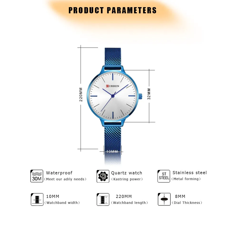 CURREN New Women Watches Fashion Blue Mesh Strap Analog Quartz Watch Womons Casual Ladies Clock Waterproof  Wristwatch