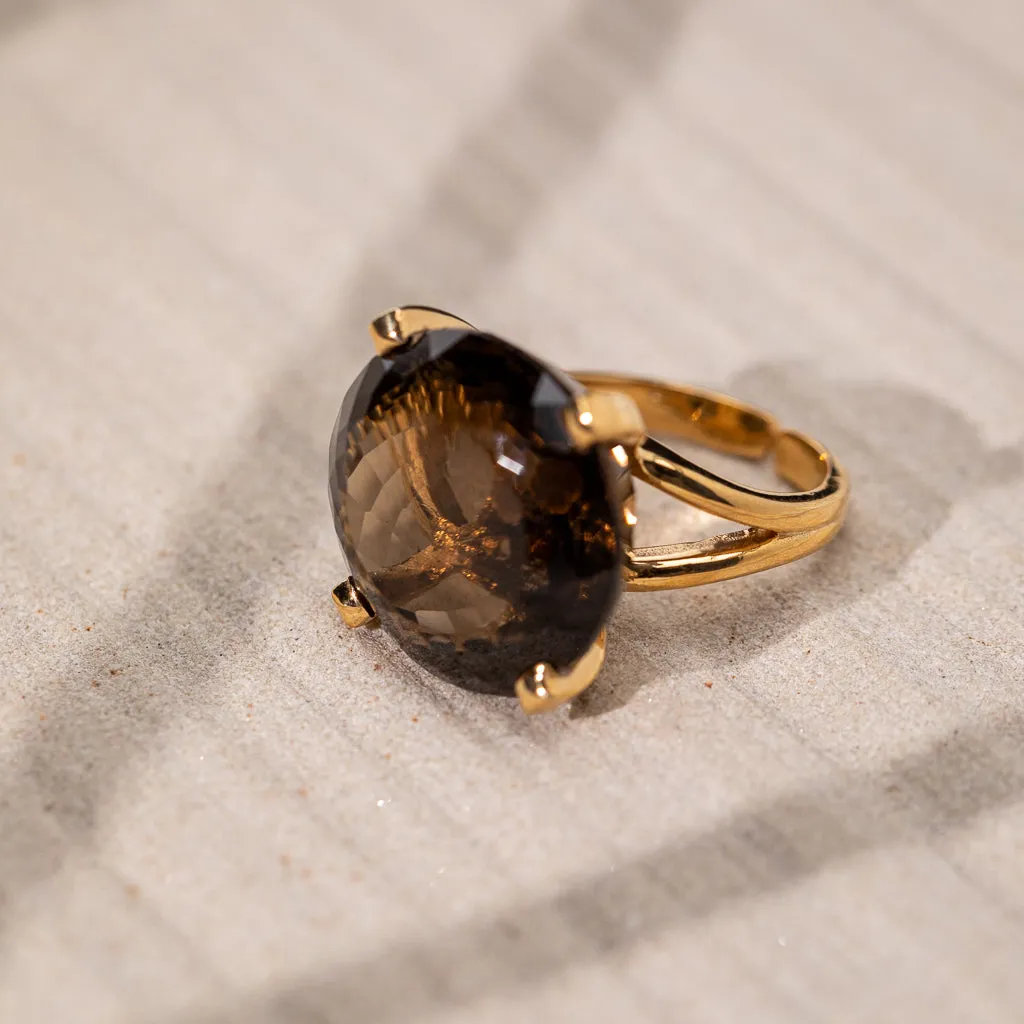 Demi Fine Jewelry-14k Gold Plated-Ring-Smoky Quartz Round Geo Recycled Sterling Silver-R37/23-Fashion Edit Unbent