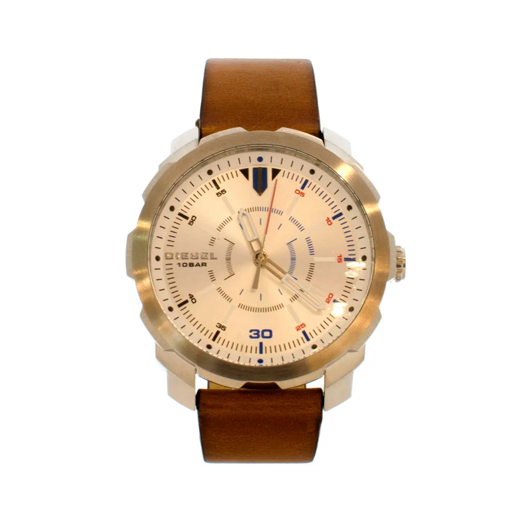 Diesel Men's Watch Brown Leather Strap Silver Case And Silver Dial