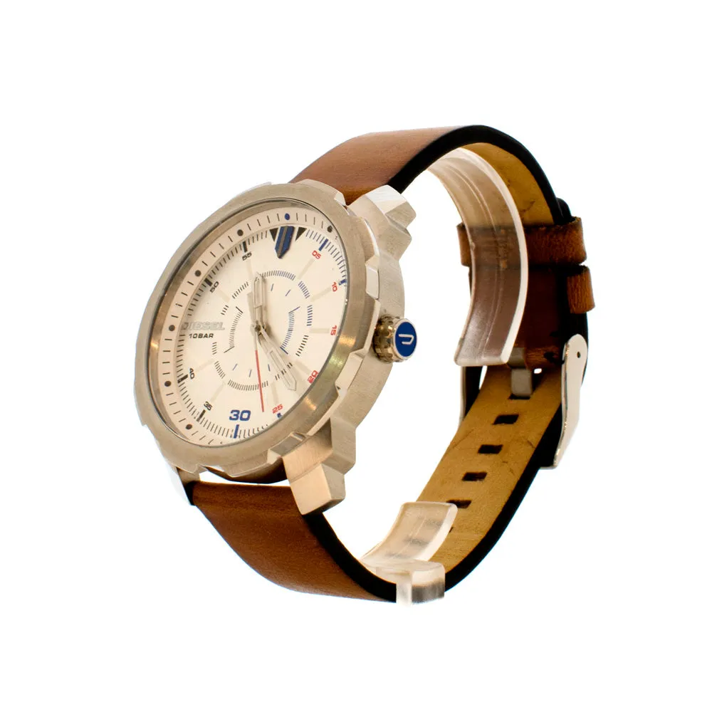 Diesel Men's Watch Brown Leather Strap Silver Case And Silver Dial