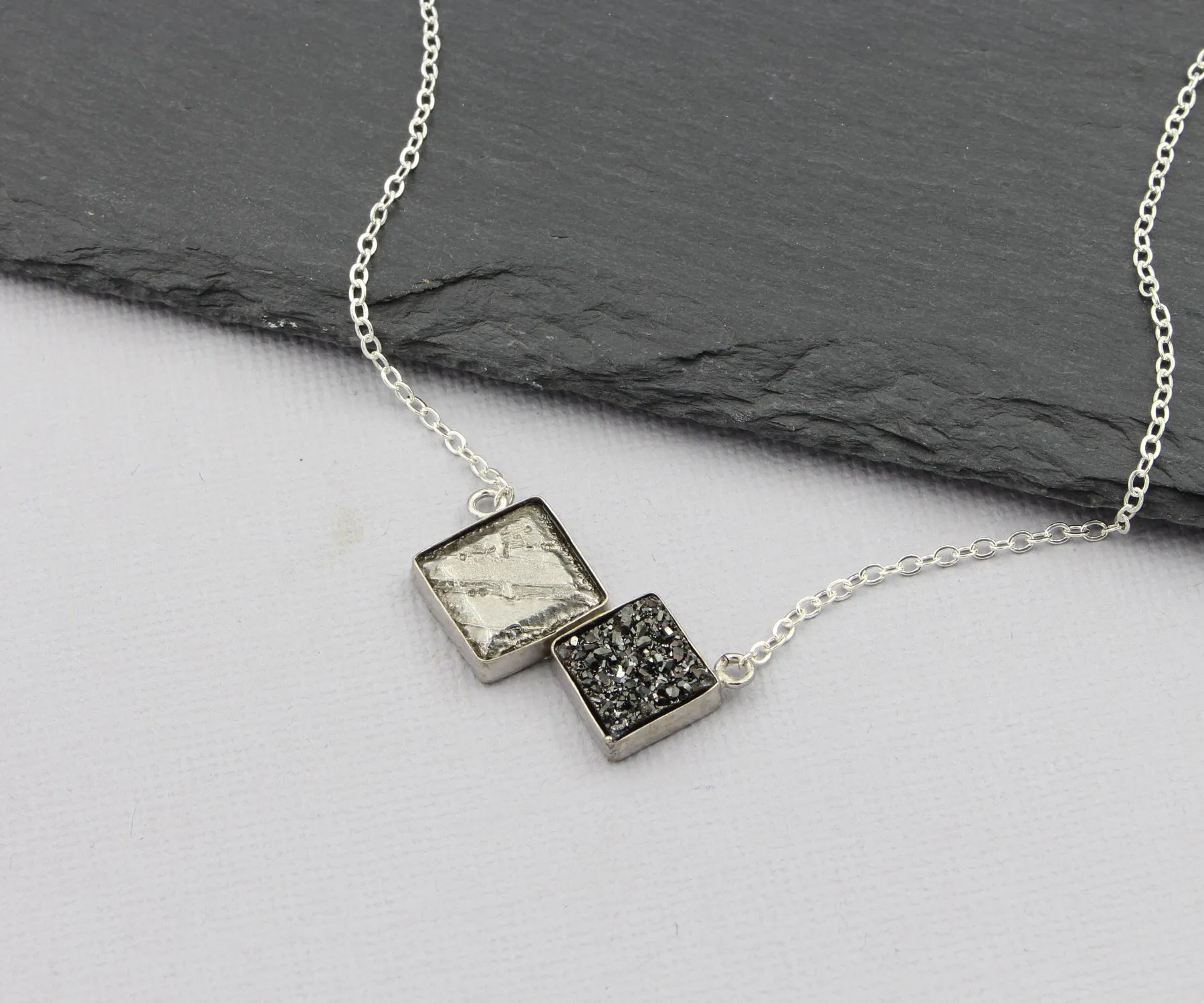 Double Meteorite Druzy Square Necklace