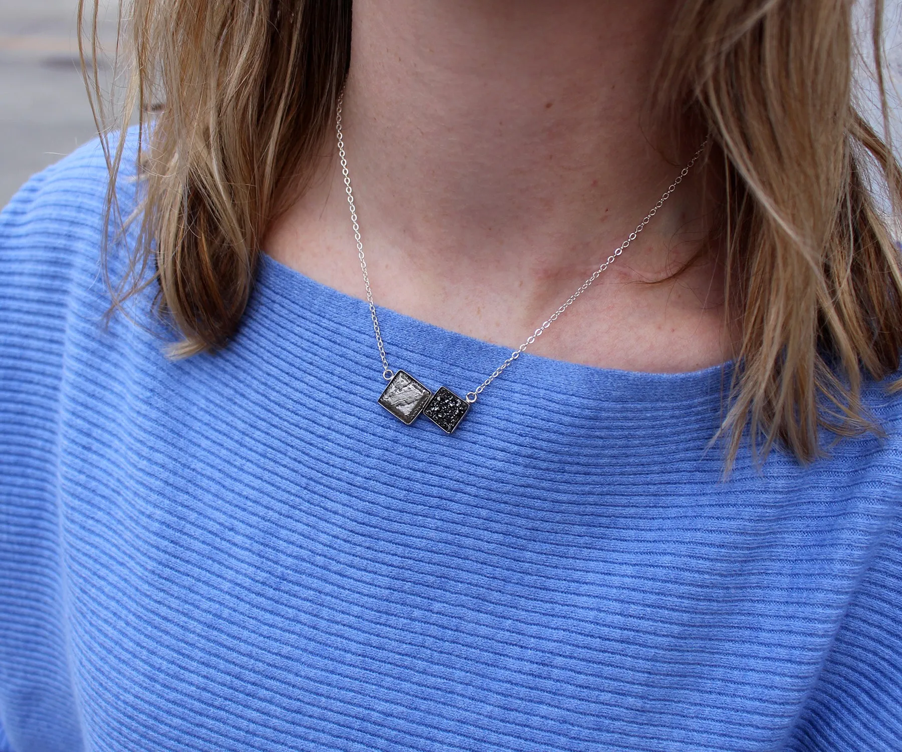 Double Meteorite Druzy Square Necklace