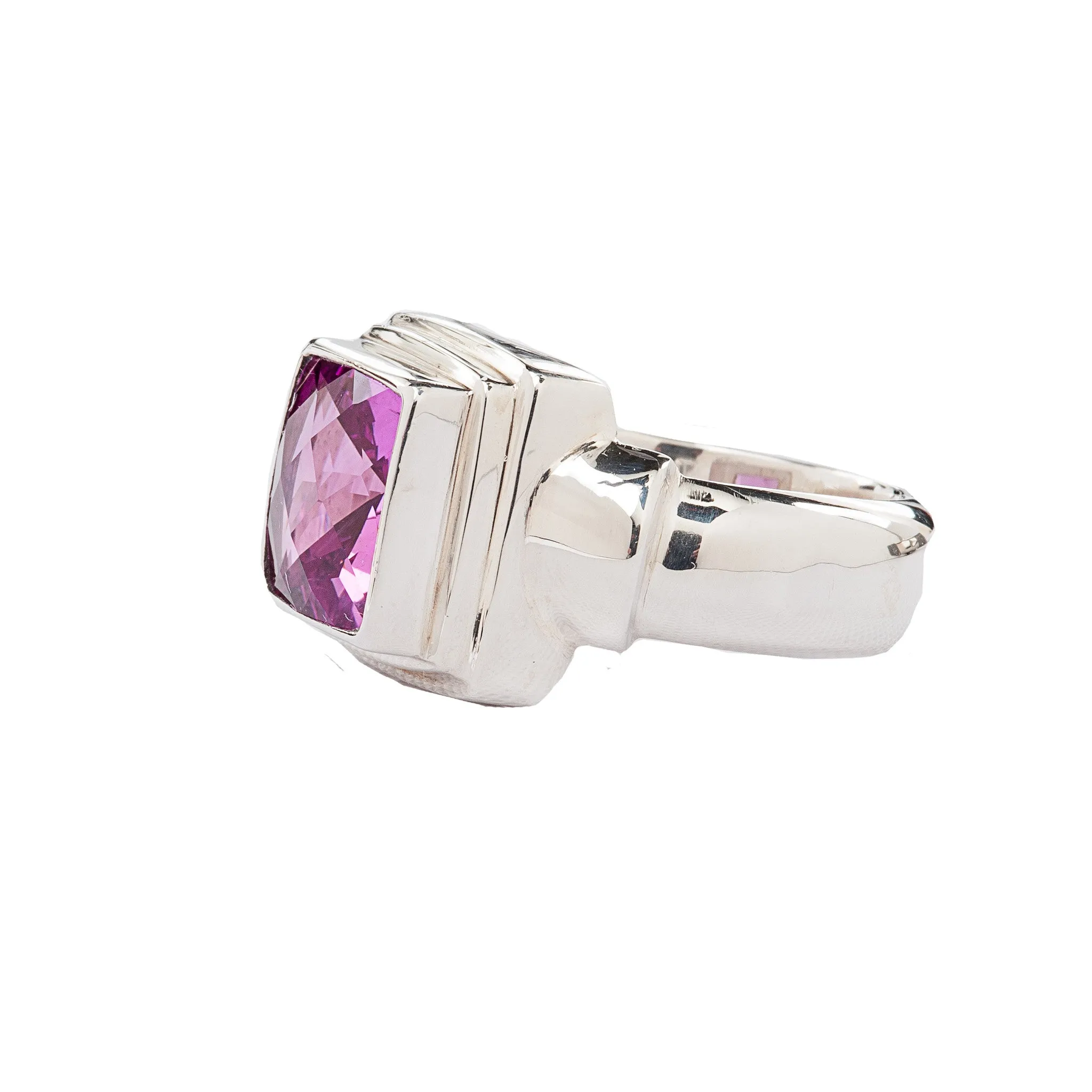 Electric Pink Square Rose Corundum Sterling Silver Ring