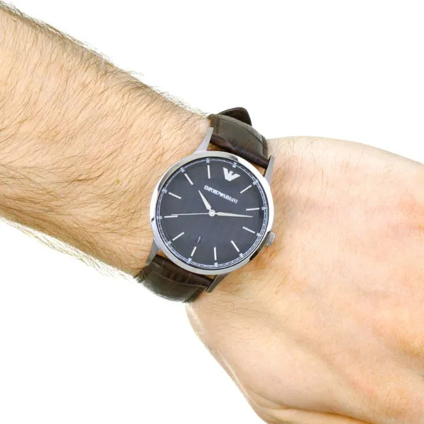 EMPORIO ARMANI Dress Black Leather Strap Black Dial Quartz Watch for Gents - AR2480
