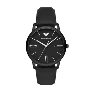 Emporio Armani Three-Hand Date Black Leather Watch