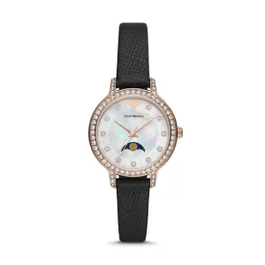Emporio Armani Women's Rose Gold Case Moonphase Dial Black Leather  Watch