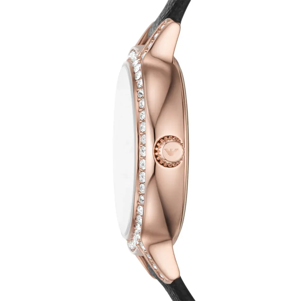 Emporio Armani Women's Rose Gold Case Moonphase Dial Black Leather  Watch