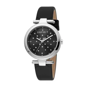 Esprit Ladies Watch Black Leather Strap Silver Color Case BlackÂ Dial With Stone