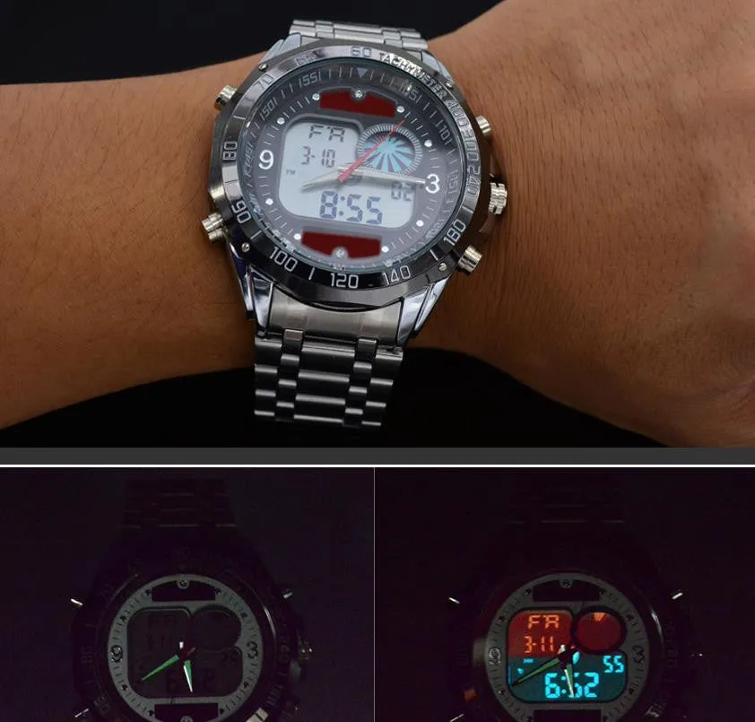 Fashion Men's Sport Watches Full Stainless Steel Waterproof Dual Time Analog Quartz Digital LED Military Watch Clock Men Watches