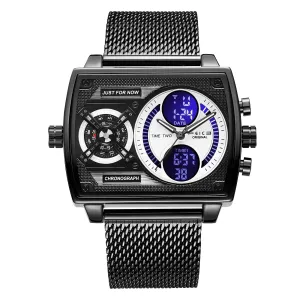 FEICE Mens Square Digital LED Watch - Multifunction Chronograph with Analog Quartz Movement Stainless Steel Band Dual Time Display Waterproof Watch for Men FK814