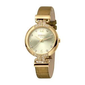 Ferre Milano Ladies Watch Golden Color Case & Brown Leather Strap With Stone