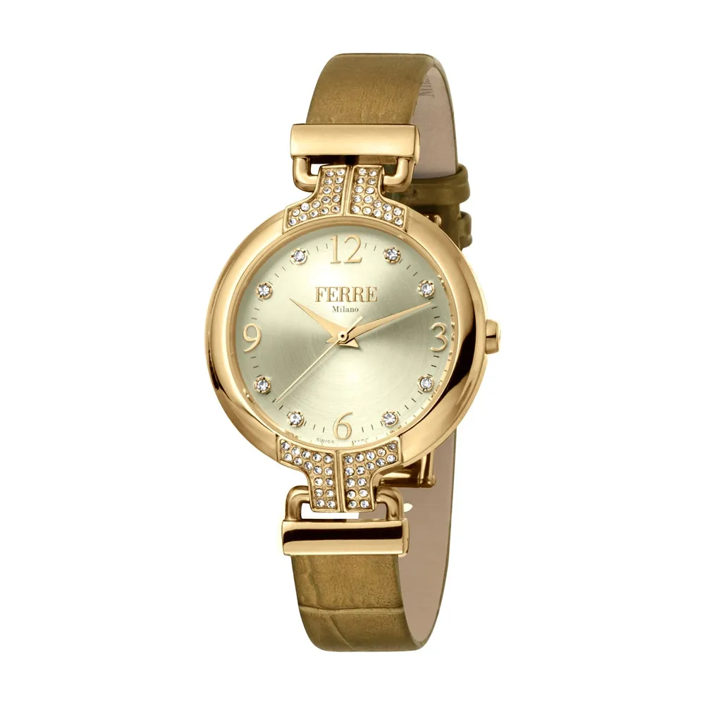 Ferre Milano Ladies Watch Golden Color Case & Brown Leather Strap With Stone