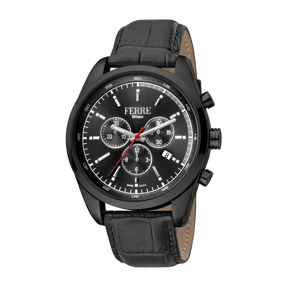 Ferre Milano Men's Chronograph Watch Black Case Matt Finish With Black Dial & Leather Strap