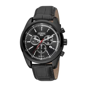 Ferre Milano Men's Chronograph Watch Black Case Matt Finish With Black Dial & Leather Strap
