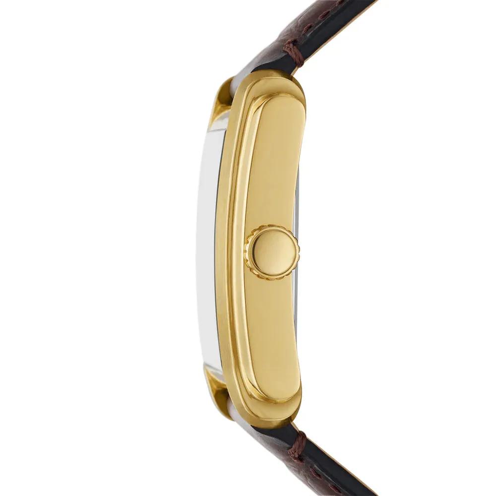 Fossil Carraway Gents Silver Dial Gold Case Brown Leather Strap Watch