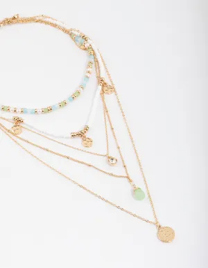 Gold Five Row Mixed Diamante Disc Necklace