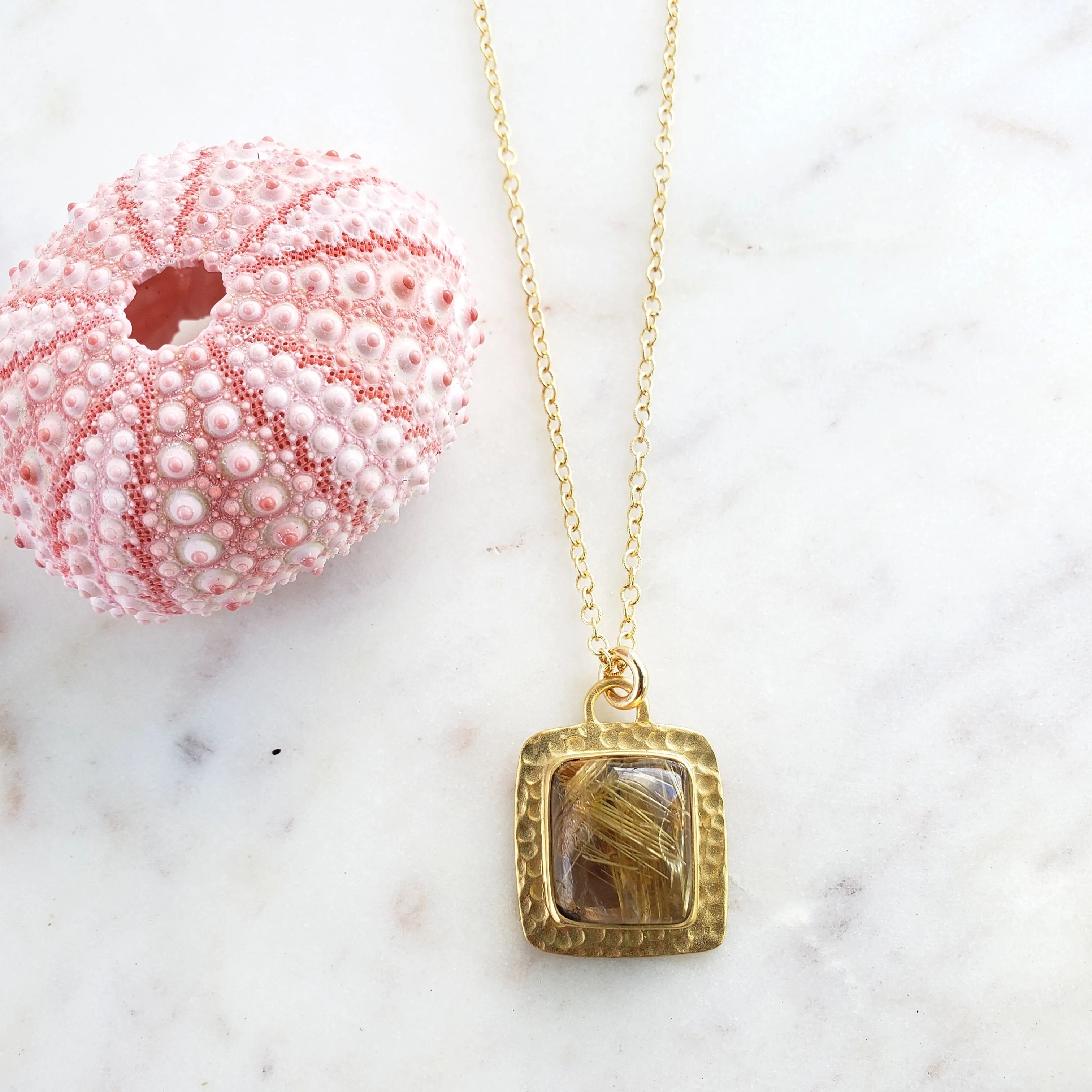 Golden Rutilated Quartz Gold Square Necklace