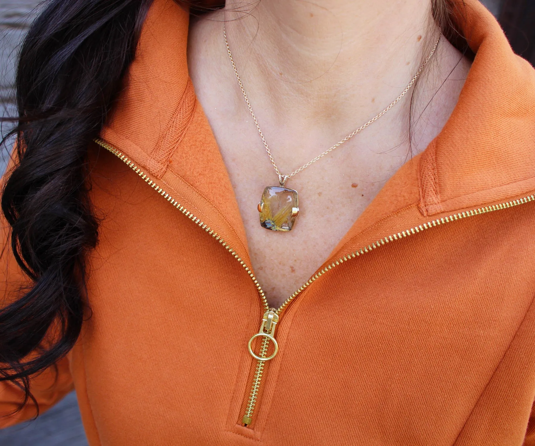 Golden Rutilated Quartz Square Gold Necklace