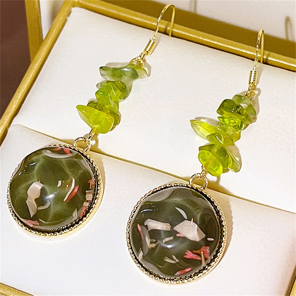 Green Quartz & Resin 18K Gold-Plated Round Drop Earring