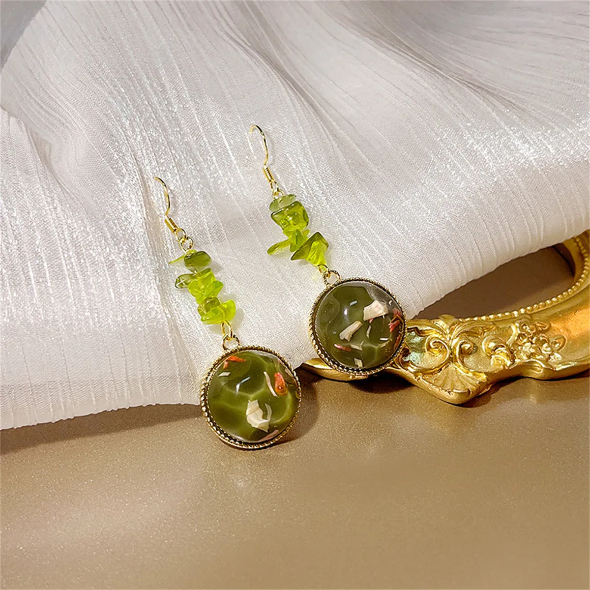 Green Quartz & Resin 18K Gold-Plated Round Drop Earring