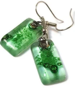 Green Small Rectangular Recycled Glass Drop Earrings. Fused Glass Dangle earrings