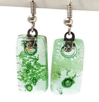 Green Small Rectangular Recycled Glass Drop Earrings. Fused Glass Dangle earrings