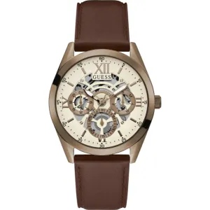Guess Brown Leather Strap White Dial Quartz Watch for Gents - GW0389G8