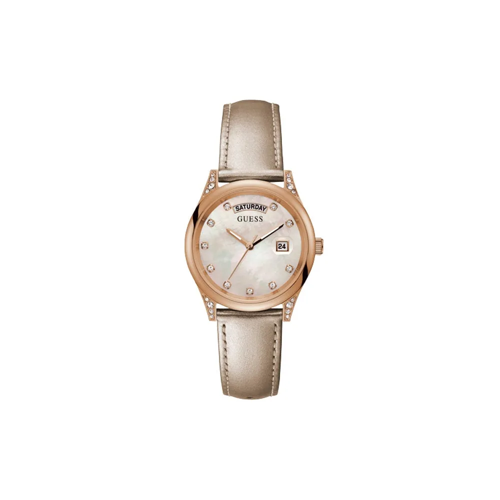 Guess Ladies Quartz Watch Rosegold Plated Steel Case With White Mother Of Pearl Dial / Nude Color Genuine Leather Strap