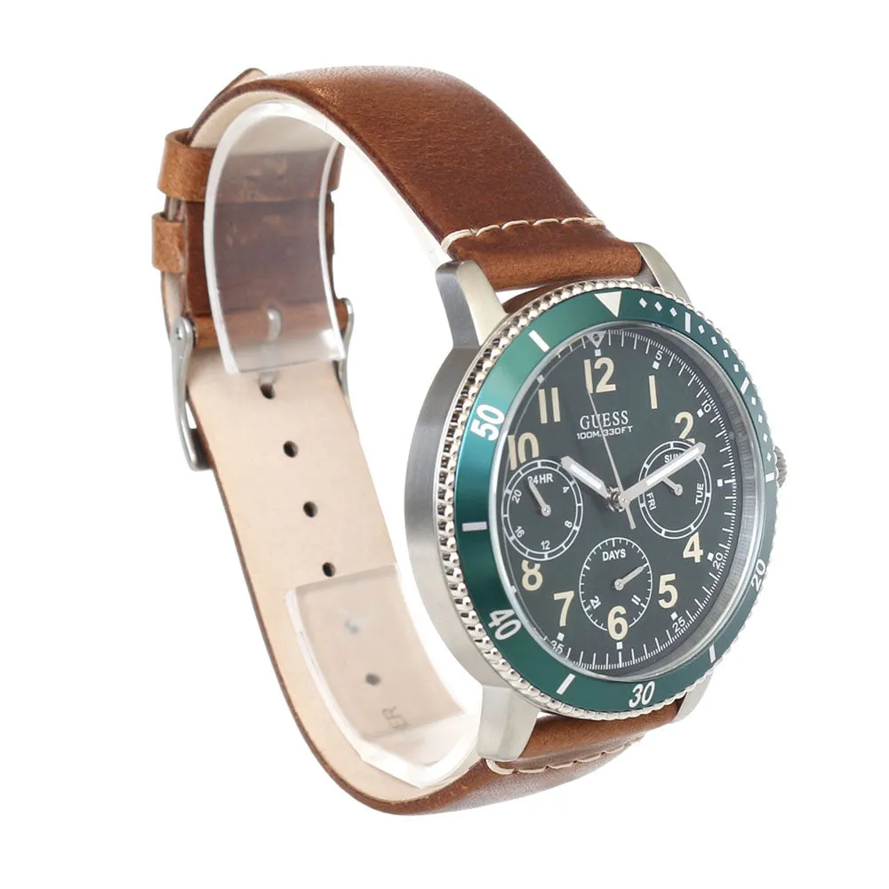 Guess Men'S WatchÂ Brown Leather Strap With Silver AndÂ Green CaseÂ With Green Dial