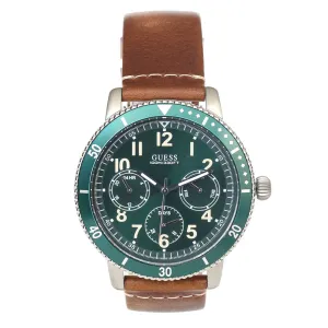 Guess Men'S WatchÂ Brown Leather Strap With Silver AndÂ Green CaseÂ With Green Dial