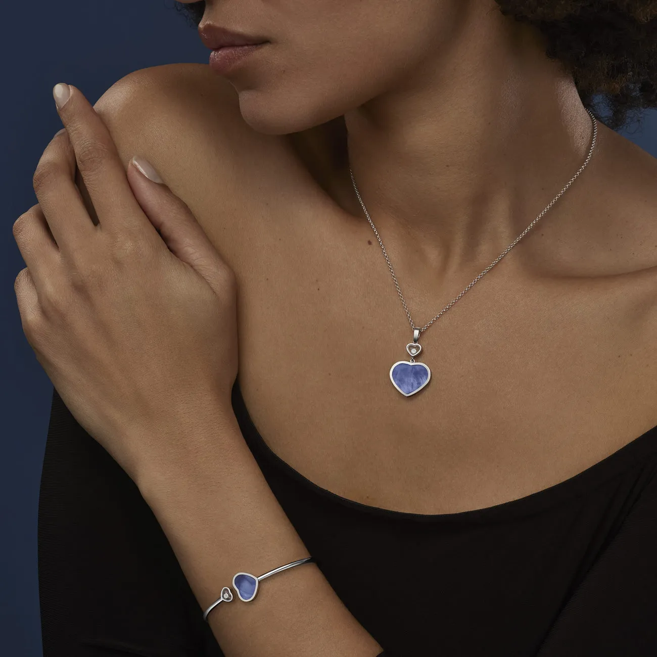 Happy Hearts Ethical White Gold Diamond Blue Mother of Pearl Bangle Bracelet