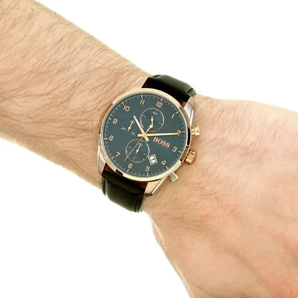 HUGO BOSS Skymaster Black Leather Strap Blue Dial Chronograph Quartz Watch for Gents - HUGO BOSS 1513783