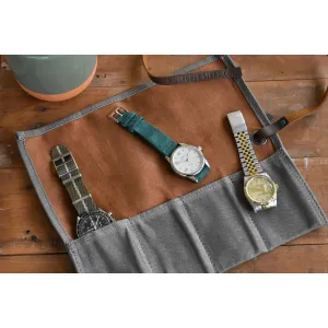 Khaki & Tan Waxed Canvas & Velvet Watch Roll - Four Slots
