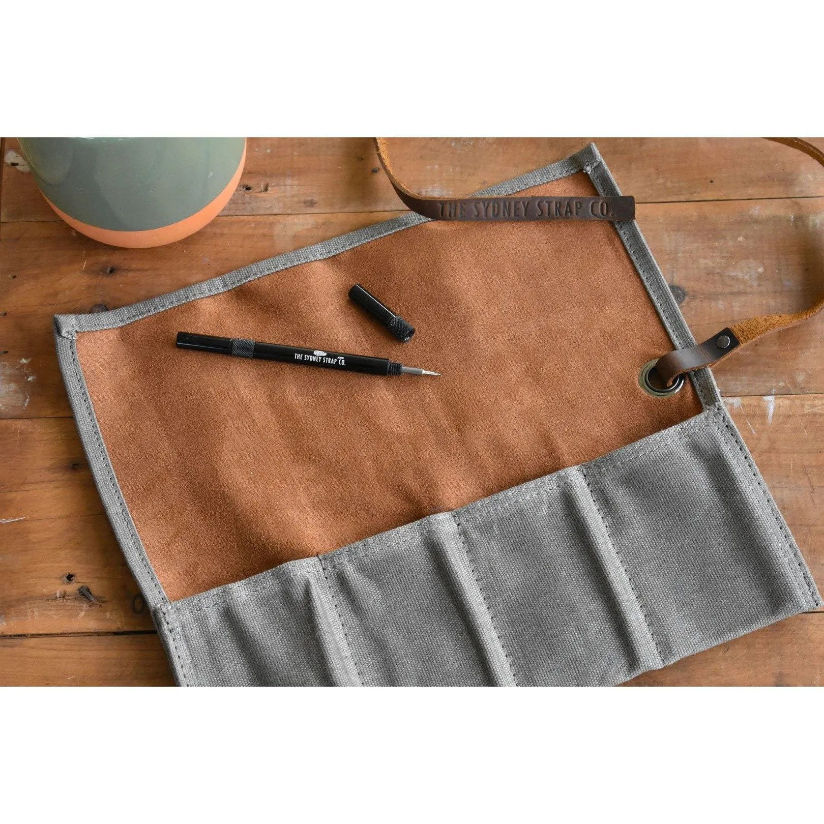 Khaki & Tan Waxed Canvas & Velvet Watch Roll - Four Slots