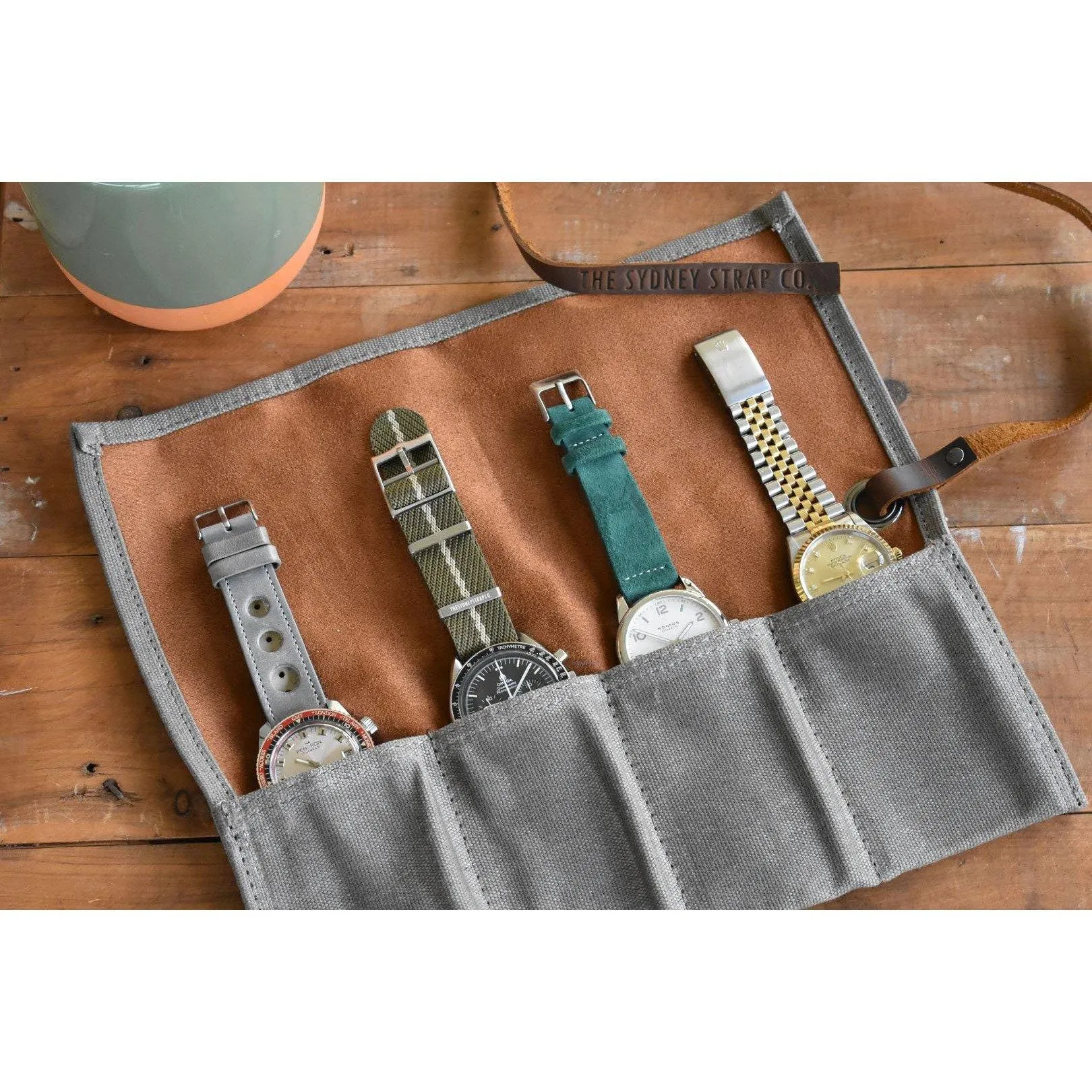 Khaki & Tan Waxed Canvas & Velvet Watch Roll - Four Slots