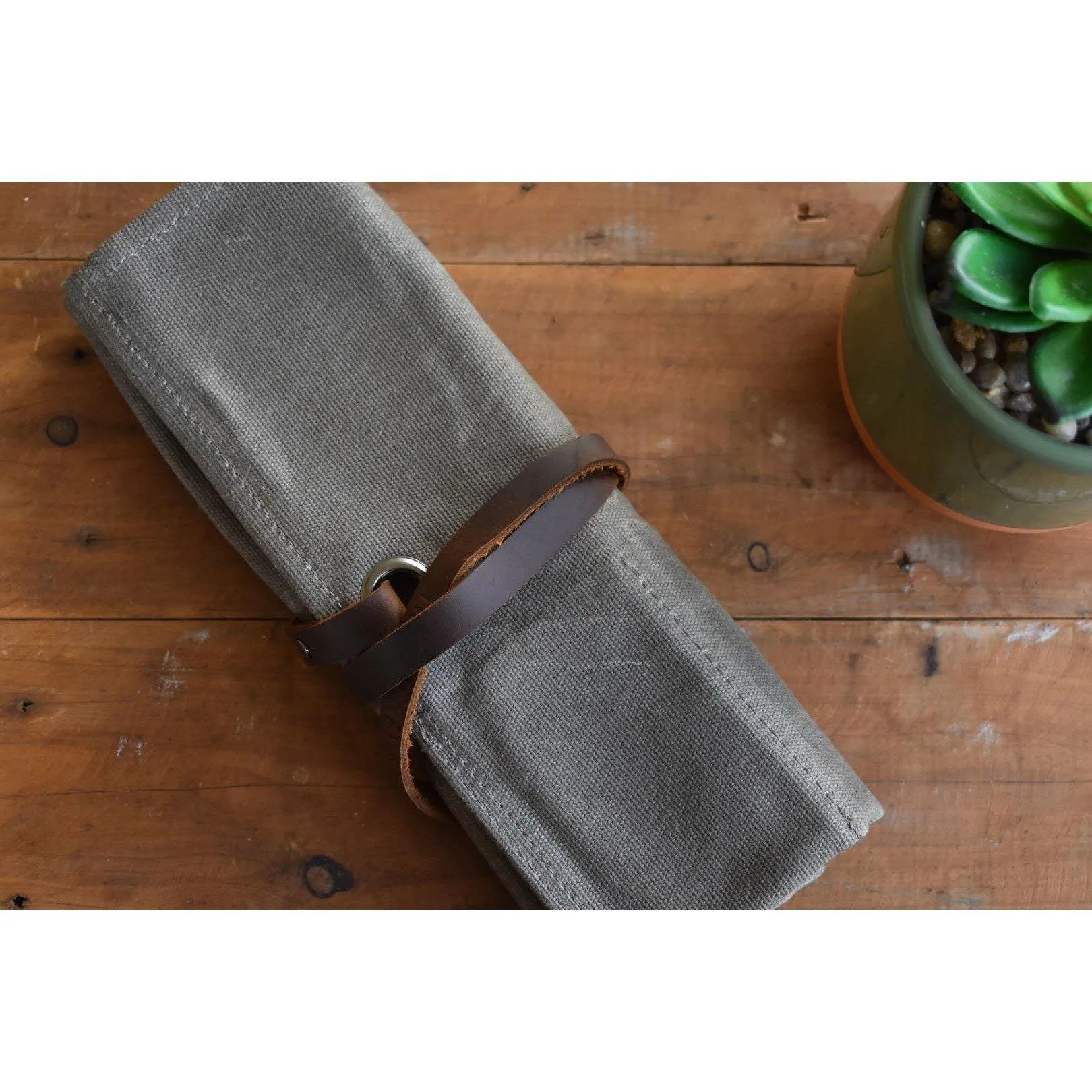 Khaki & Tan Waxed Canvas & Velvet Watch Roll - Four Slots