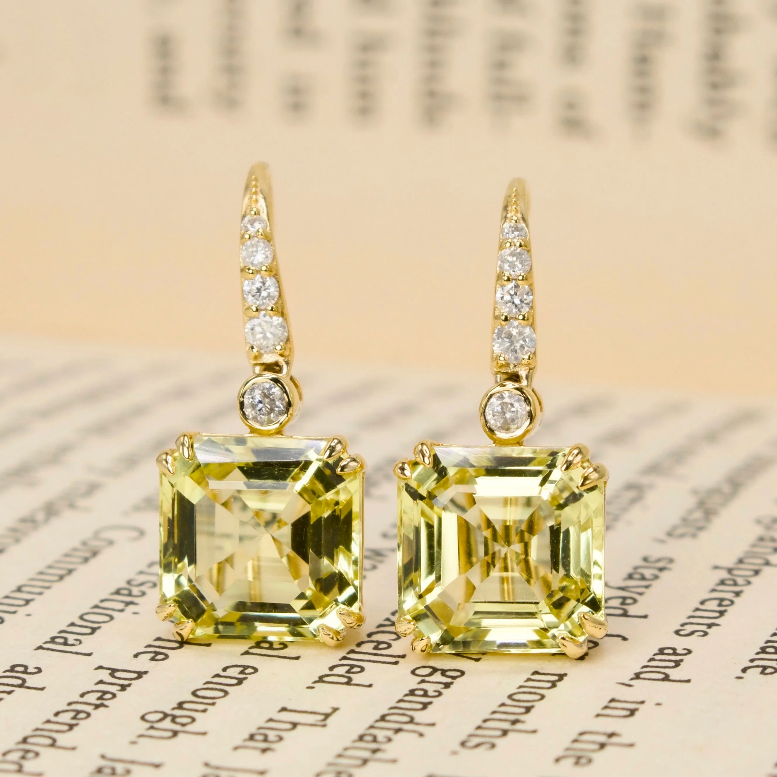 Large Square Step Cut Lemon Quartz Drop Earrings with Diamond Accents in Yellow Gold