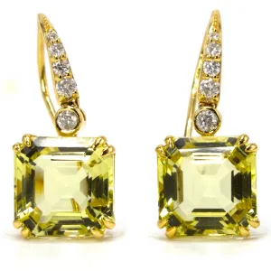 Large Square Step Cut Lemon Quartz Drop Earrings with Diamond Accents in Yellow Gold