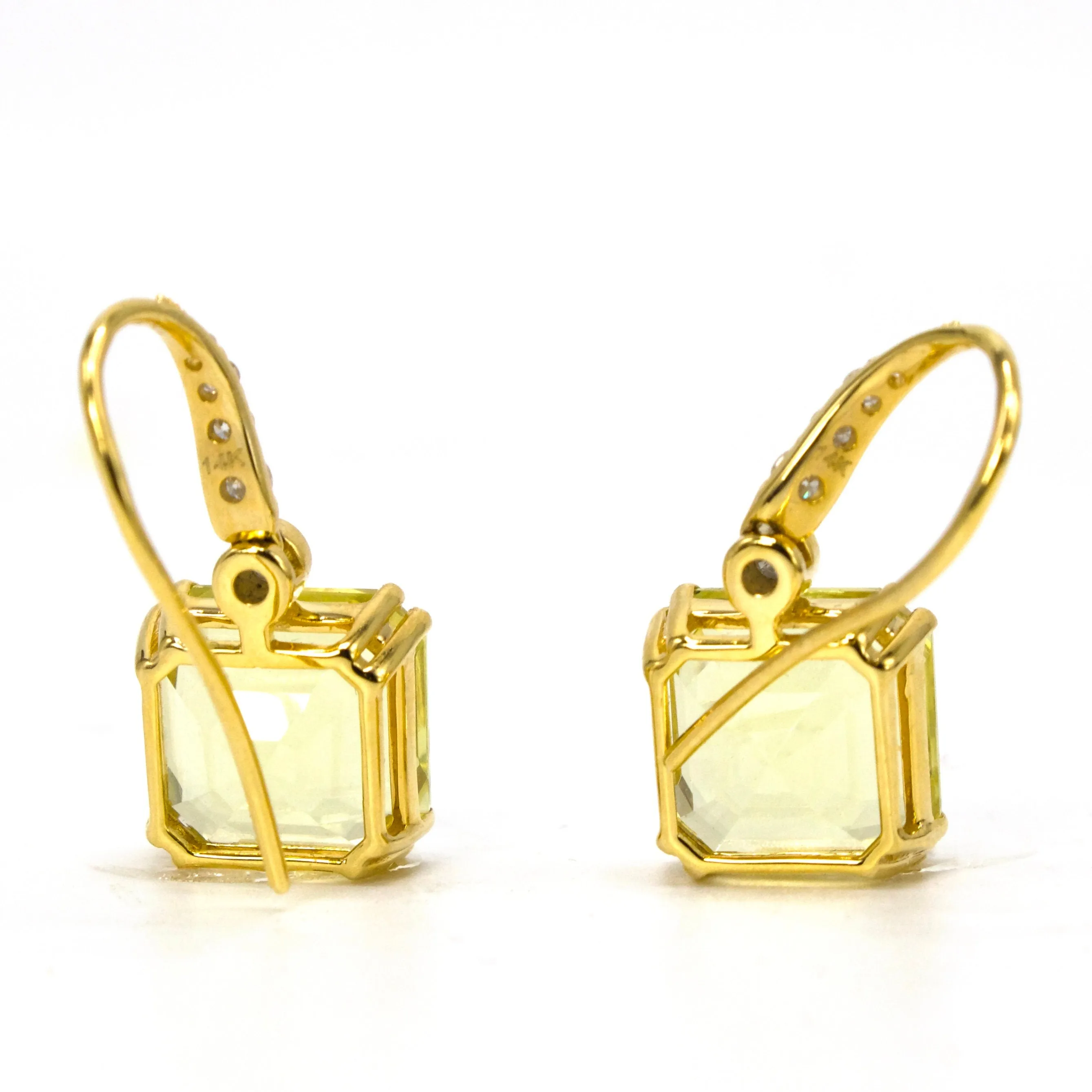 Large Square Step Cut Lemon Quartz Drop Earrings with Diamond Accents in Yellow Gold