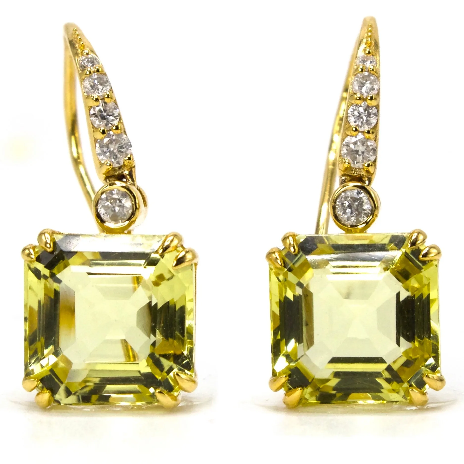 Large Square Step Cut Lemon Quartz Drop Earrings with Diamond Accents in Yellow Gold